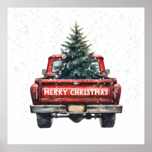 Vintage Red Truck Merry Christmas Poster