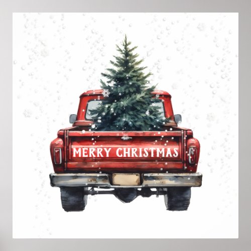 Vintage Red Truck Merry Christmas Poster