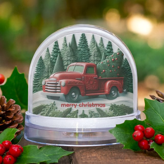 Vintage Red Truck Merry Christmas  Snow Globe (Vintage red truck snow globe with Christmas tree, holly berries, and pinecones.)