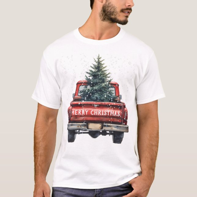 Vintage Red Truck Merry Christmas T-Shirt (Front)