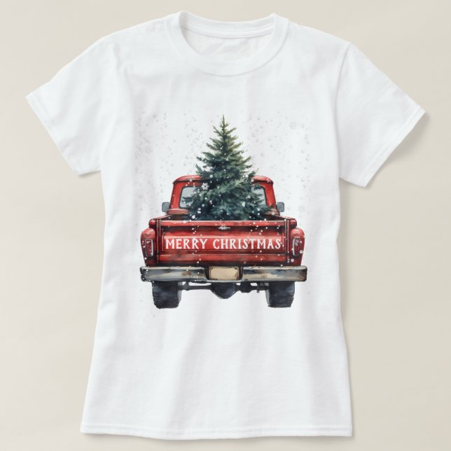 Vintage Red Truck Merry Christmas T-Shirt (Design Front)