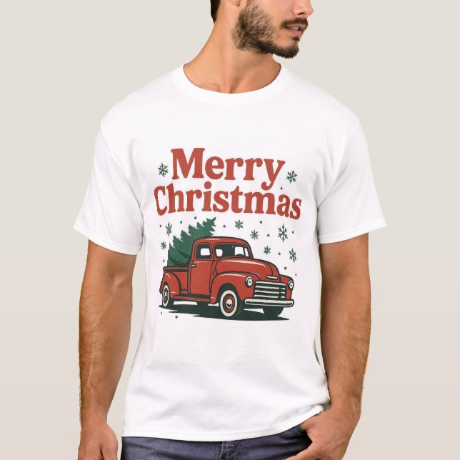 Vintage Red Truck Merry Christmas T-Shirt Holiday (Front)