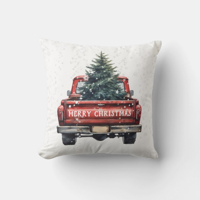 Vintage Red Truck Merry Christmas Throw Pillow (Front)