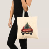 Vintage Red Truck Merry Christmas Tote Bag (Front (Product))