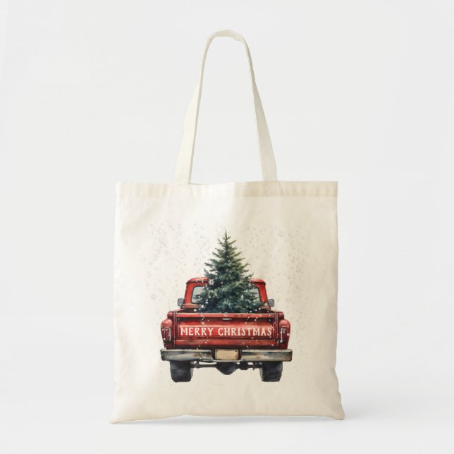 Vintage Red Truck Merry Christmas Tote Bag (Front)