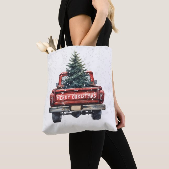 Vintage Red Truck Merry Christmas Tote Bag (Close Up)