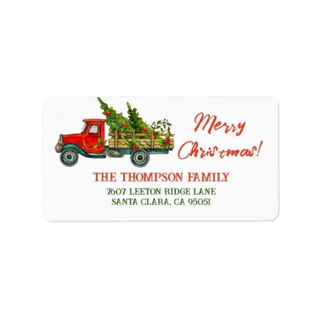 Vintage Red Truck Merry Christmas Tree Address Label (Front)