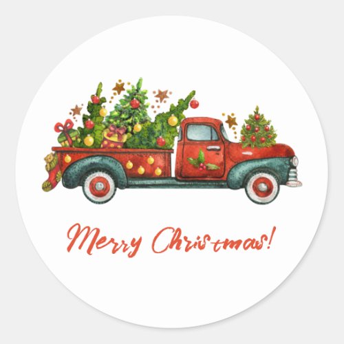 Vintage Red Truck Merry Christmas Tree Greeting Classic Round Sticker