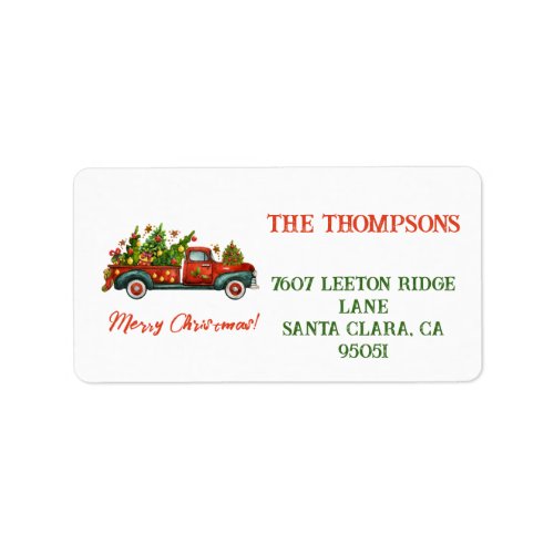 Vintage Red Truck Merry Christmas Tree Greeting Label
