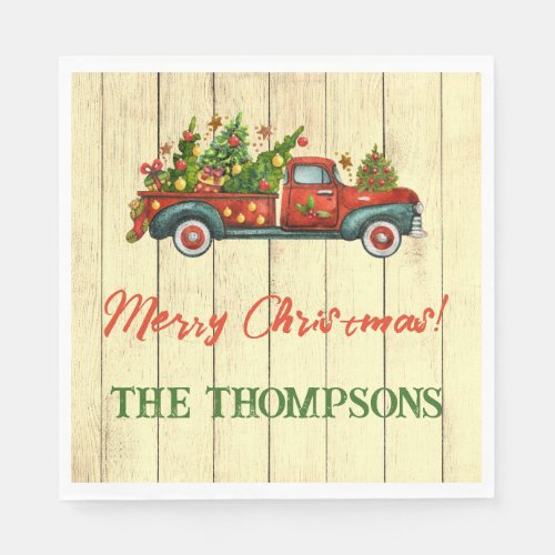 Vintage Red Truck Merry Christmas Tree Greeting Napkins