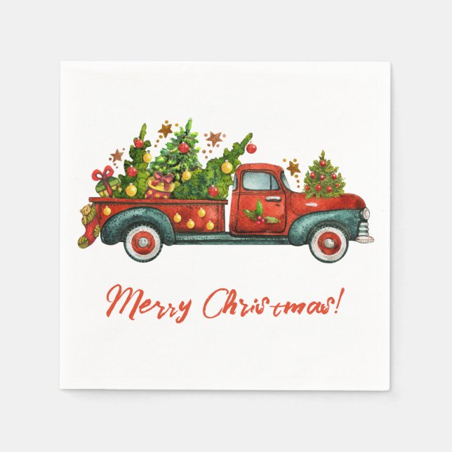 Vintage Red Truck Merry Christmas Tree Greeting Napkins (Front)