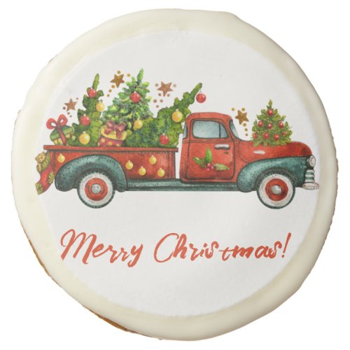 Vintage Red Truck Merry Christmas Tree Greeting Sugar Cookie
