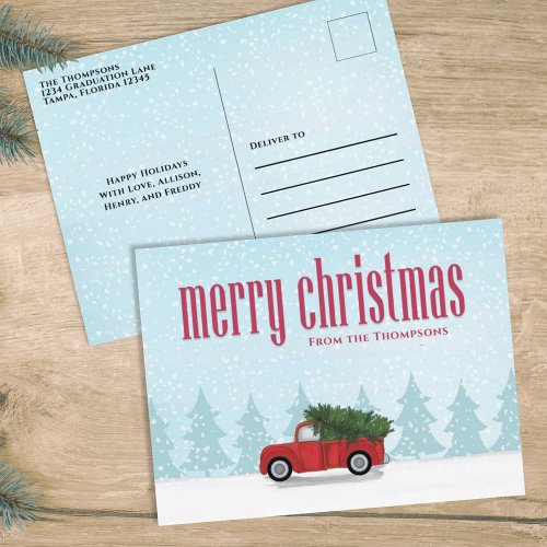Vintage Red Truck Merry Christmas Whimsical Fun Holiday Postcard