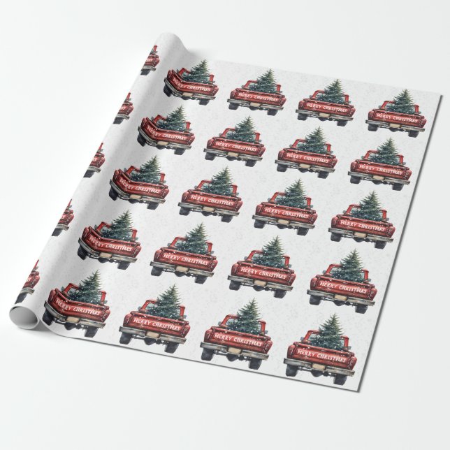 Vintage Red Truck Merry Christmas Wrapping Paper (Unrolled)