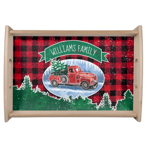 Vintage Red Truck Painting Buffalo Plaid Script Serving Tray