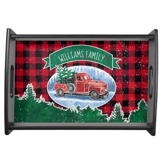 Vintage Red Truck Painting Buffalo Plaid Script Serving Tray