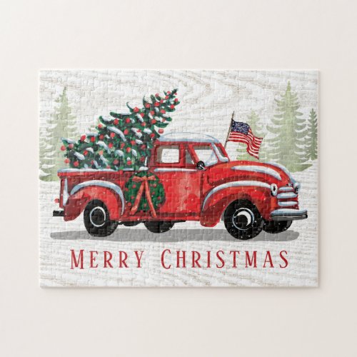 Vintage Red Truck Patriotic Flag Merry Chirstmas Jigsaw Puzzle