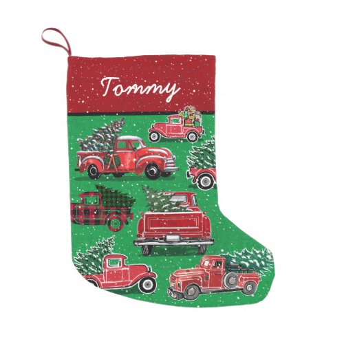 Vintage Red Truck Pattern on Green Add Name Small Christmas Stocking