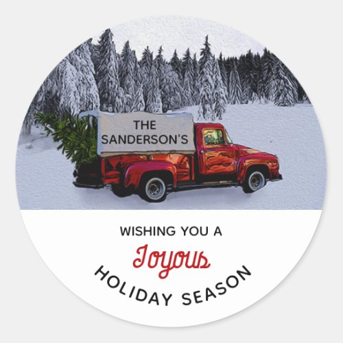 Vintage Red Truck Personalize Holiday Greeting Classic Round Sticker