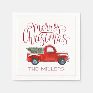 Vintage Red Truck Personalized Christmas Party Napkins
