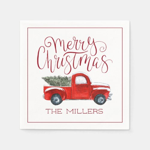 Vintage Red Truck Personalized Christmas Party Napkins