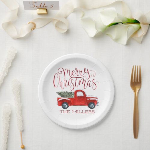 Vintage Red Truck Personalized Christmas Party Paper Plates