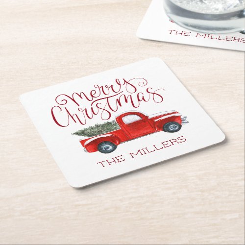 Vintage Red Truck Personalized Christmas Party Square Paper Coaster