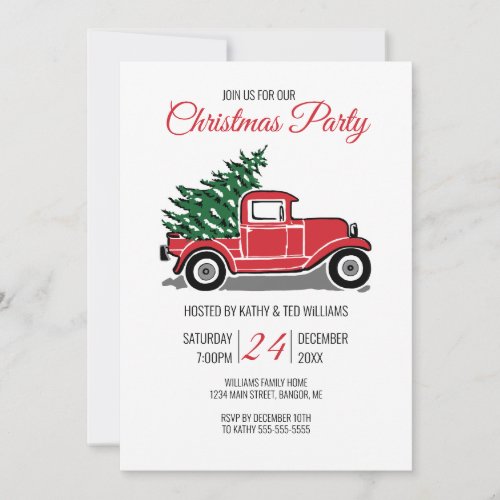 Vintage Red Truck Pine Tree Christmas Party Invitation