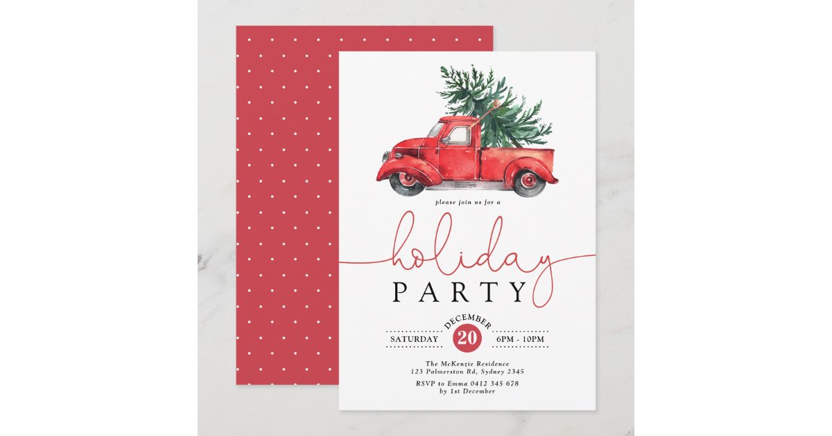 Vintage Red Truck &amp; Pine Tree Holiday Party Invitation | Zazzle