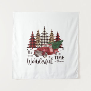 Vintage Red Truck,Pine Tree Tapestry