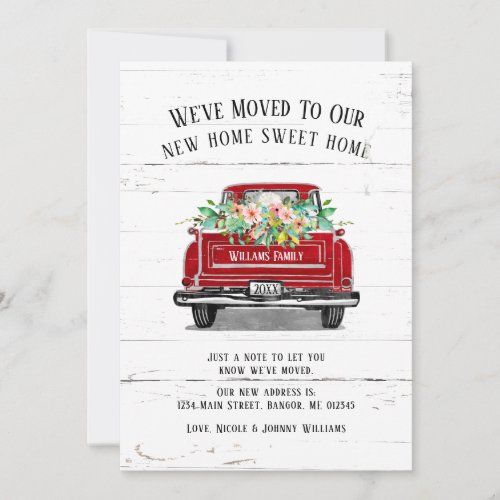 Vintage Red Truck Pink Floral Rustic Moving Announcement