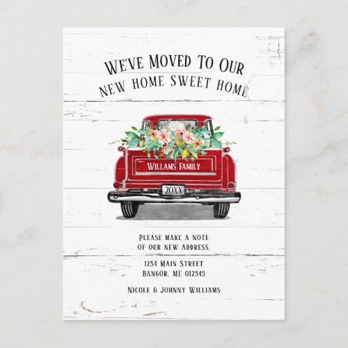 Vintage Red Truck Pink Floral Rustic Moving Announcement Postcard