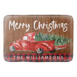 Vintage Red Truck Plaid Merry Christmas Name Bath Mat