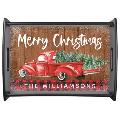 Vintage Red Truck Plaid Merry Christmas Name  Serving Tray
