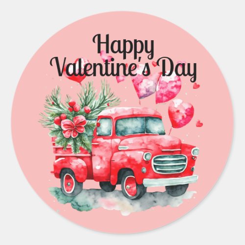 Vintage Red Truck Red Heart Valentines Day Classic Round Sticker