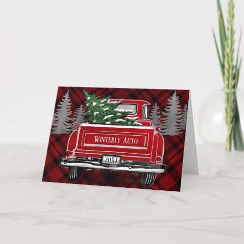 Vintage Red Truck Red Plaid Business Inside White Holiday Card