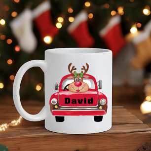 Vintage Red Truck Reindeer Christmas Coffee Mug