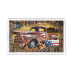 Vintage Red Truck Rooster Hen Barn Acrylic Tray