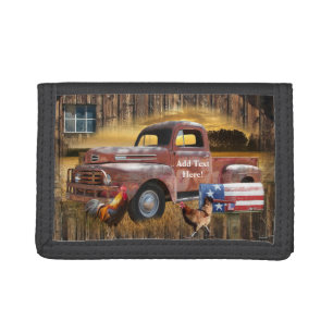 Vintage Red Truck Rooster Hen Barn Tri-fold Wallet