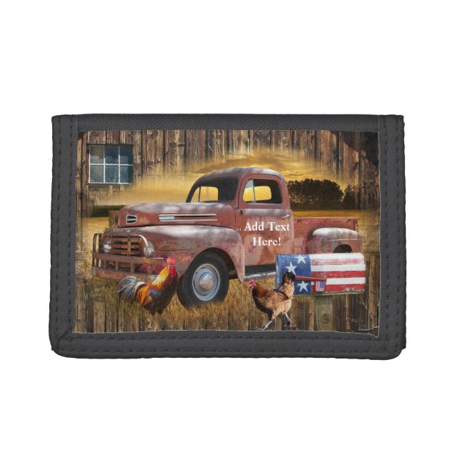 Vintage Red Truck Rooster Hen Barn Trifold Wallet (Front)