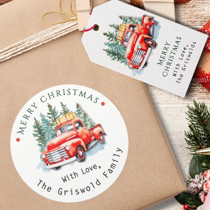 Vintage Red Truck Rustic Christmas Tree Farm Classic Round Sticker