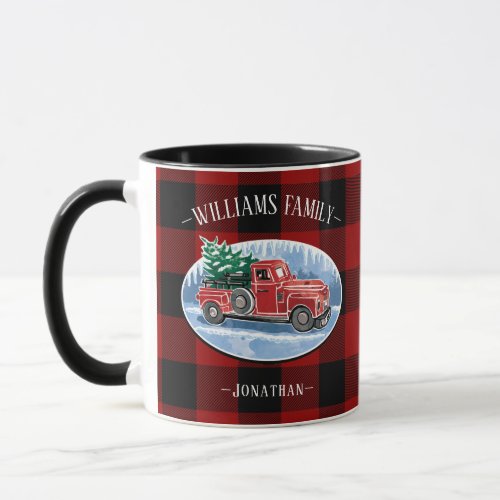 Vintage Red Truck Rustic Red Buffalo Plaid Name Mug