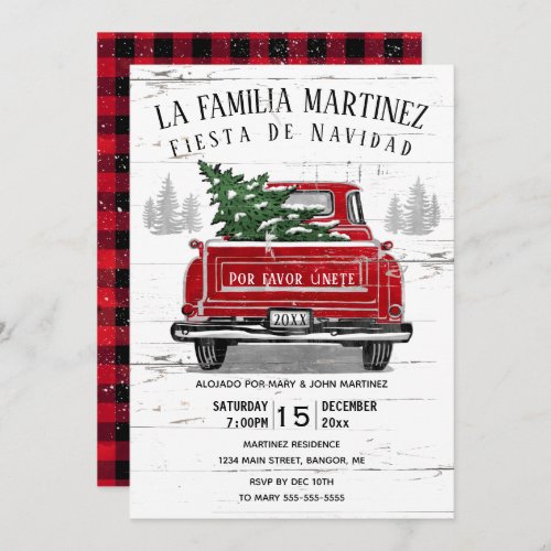 Vintage Red Truck Rustic Spanish Christmas Party Invitation