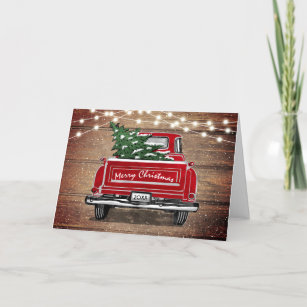 Vintage Red Truck Rustic String Lights Christmas Holiday Card