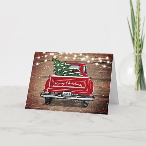 Vintage Red Truck Rustic String Lights Christmas Holiday Card