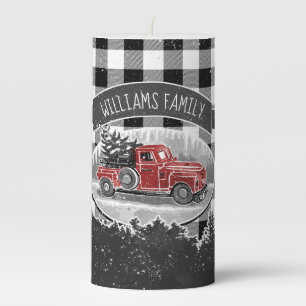Vintage Red Truck Rustic White Buffalo Plaid Name Pillar Candle