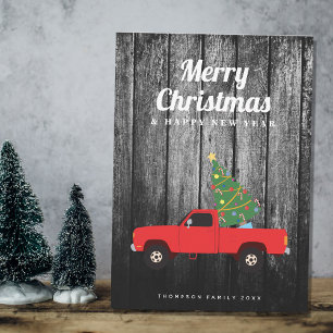 Vintage Red Truck Rustic Wood Merry Christmas Holiday Card