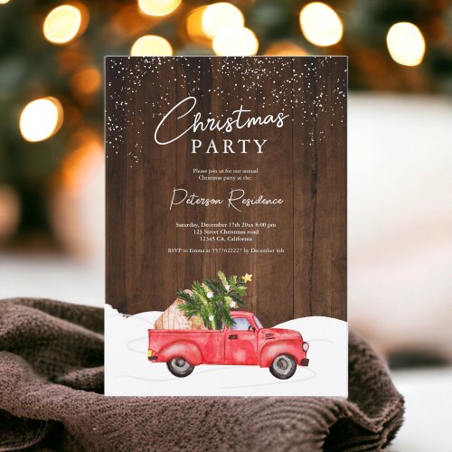 Vintage red truck rustic wood snow Christmas Invitation