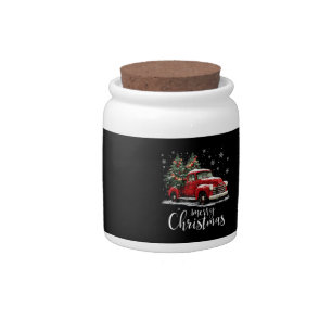 Vintage Red Truck SantaTree Merry Christmas Funny Candy Jar