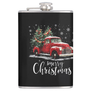 Vintage Red Truck SantaTree Merry Christmas Funny Flask